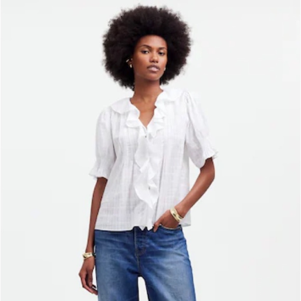 Madewell Ruffle Puff-Sleeve Peplum Top in Windowpane Size M Medium White